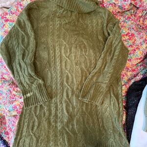 525 America Olive Cable-Knit Turtleneck Sweater Dress